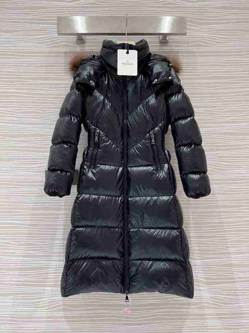 Moncler Black Long Shiny Down Coat Fur Trim Hood